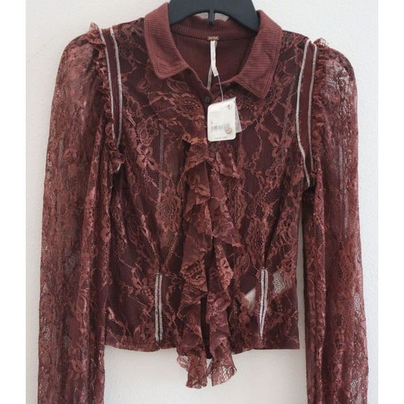 Free People OB1501032 Women's Sz S Wine Red This Shirt Tho Lace L/S Blouse $98 - Picture 1 of 8